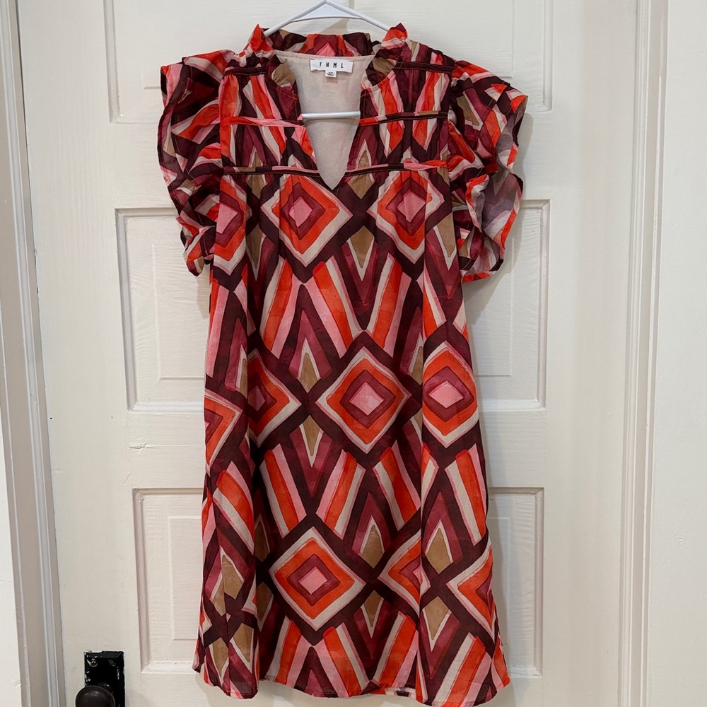 THML Vibrant Red and Brown Geometric Mini Dress